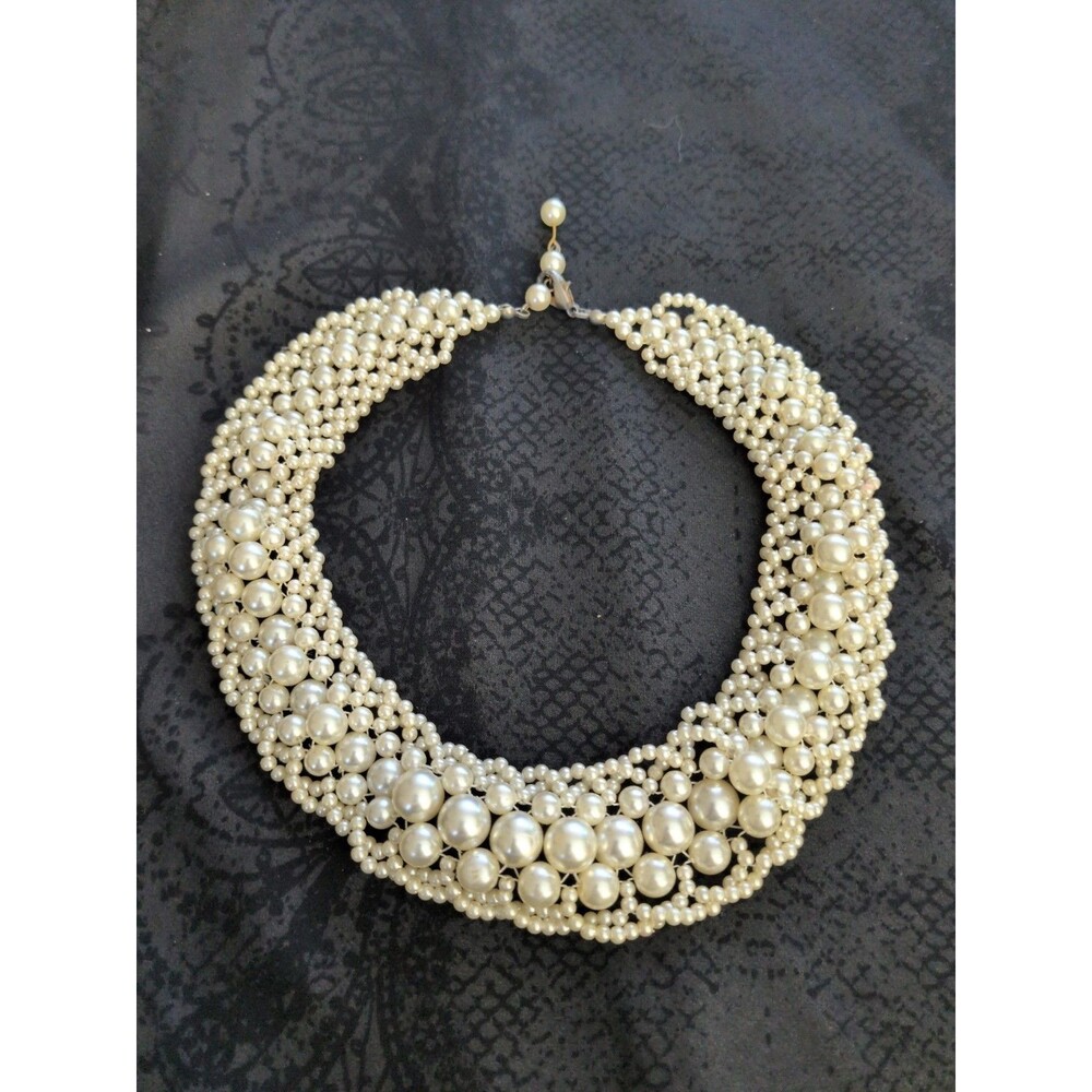 Beaded Ivory Off White Faux Pearl Wide Collar Choker Necklace 13.5" 1.25 Wide